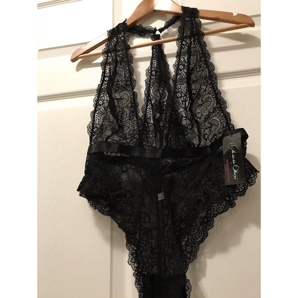 Plunging Lace Halter Teddy with Halter Back, Sexy Lingerie, Black, Size 1X-2X - Picture 14 of 15
